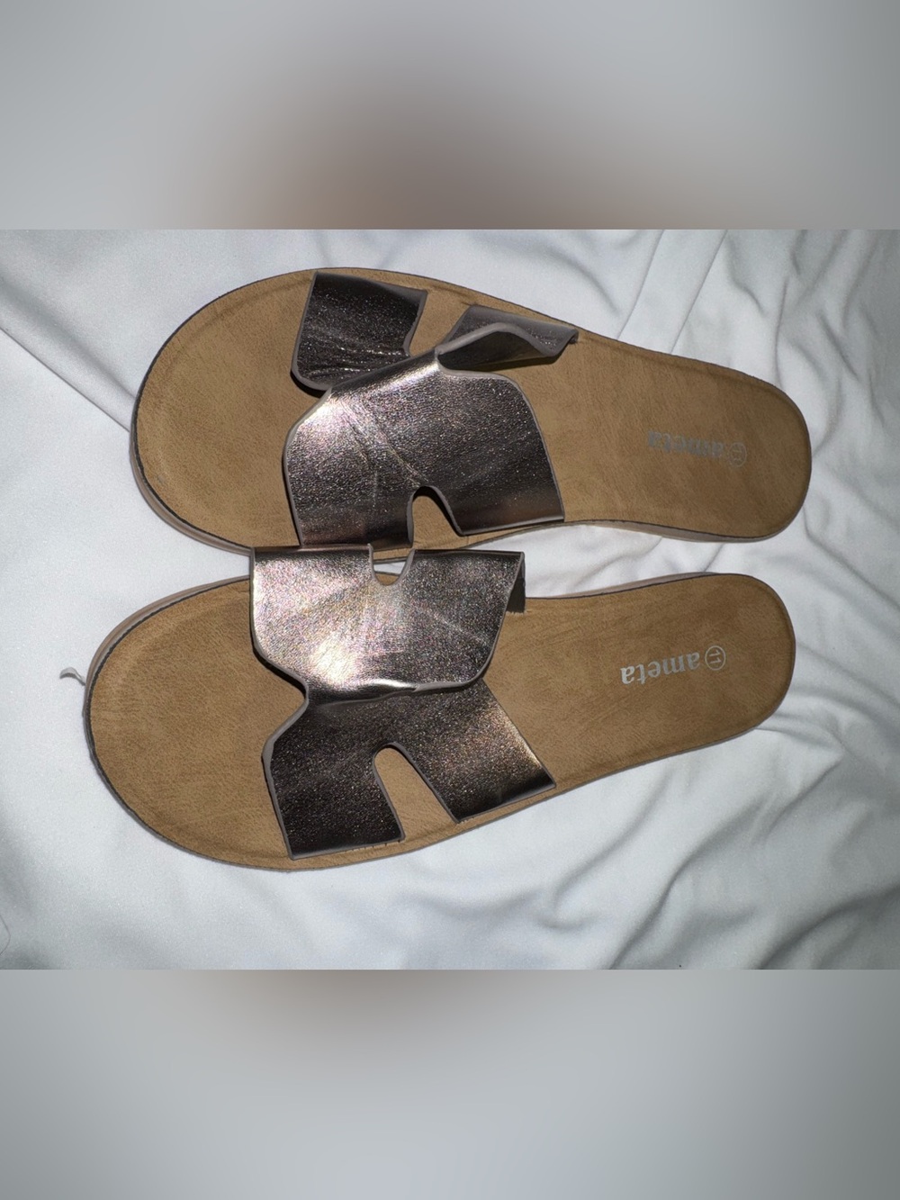 Metallic Slip-On Slide Sandals - Bronze